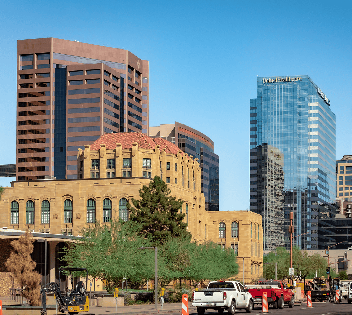 Urban skyline with historic building
