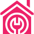 Pink house icon with wrench symbol inside.