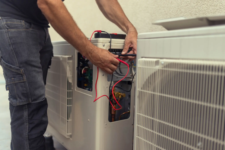Technician repairing outdoor air conditioning unit